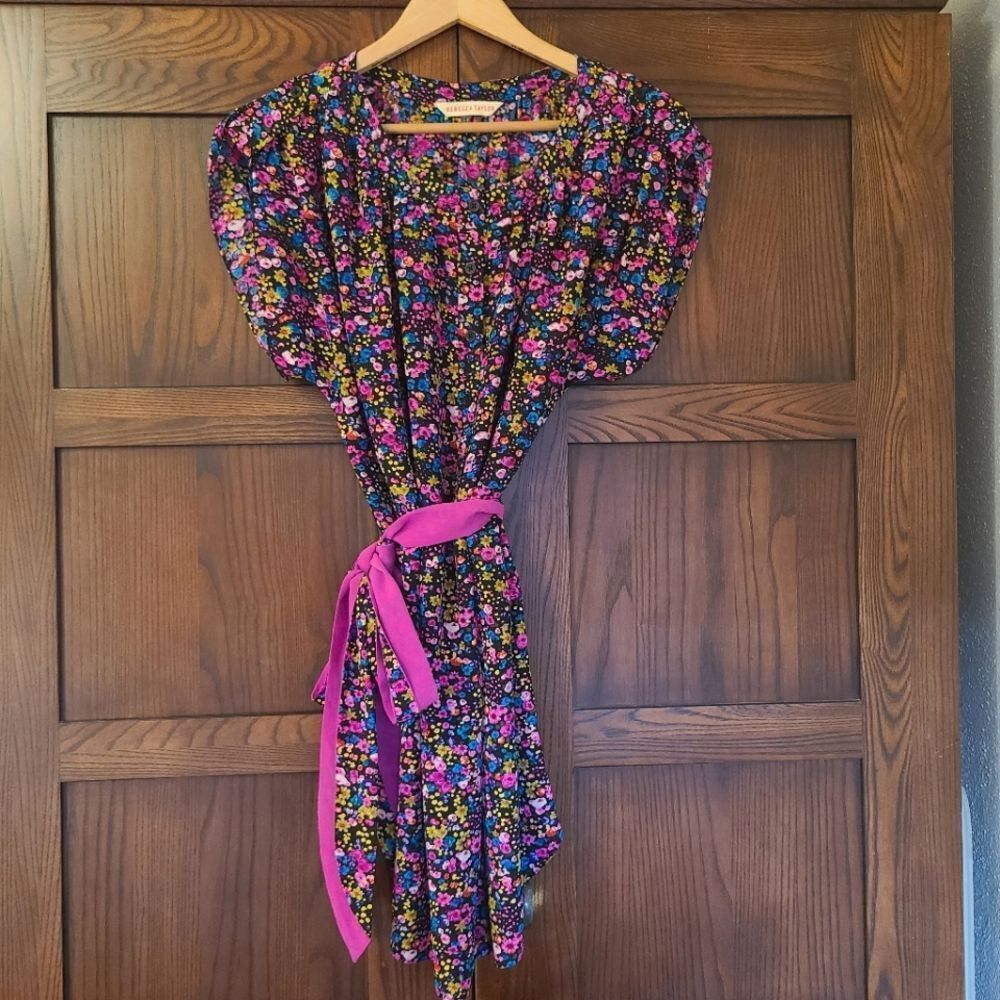 Rebecca Taylor Black Floral Dress with Pink Sash